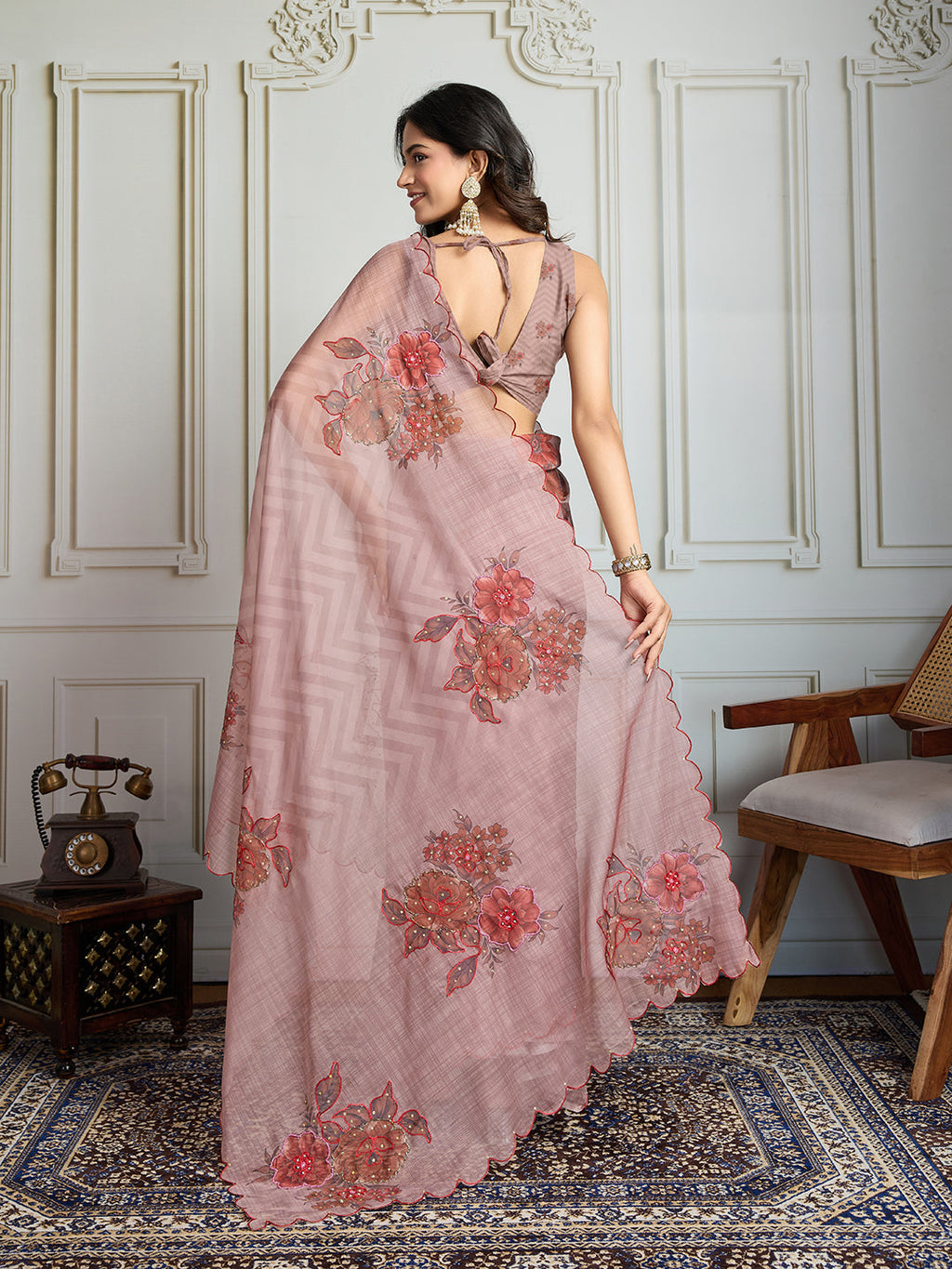 Jyoti Fashion Women's Beige Soft Tabby Organza Digital Printed Designer Saree with Blouse | Grocsy