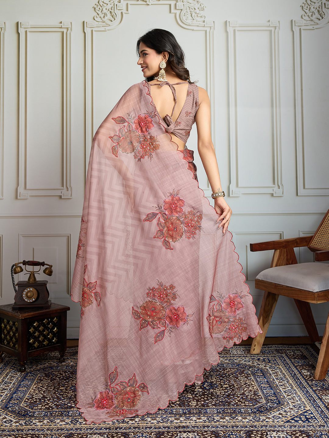 Jyoti Fashion Women's Beige Soft Tabby Organza Digital Printed Designer Saree with Blouse | Grocsy