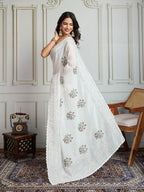 Jyoti Fashion Women's White Crush Organza Sequins Designer Saree with Blouse | Grocsy