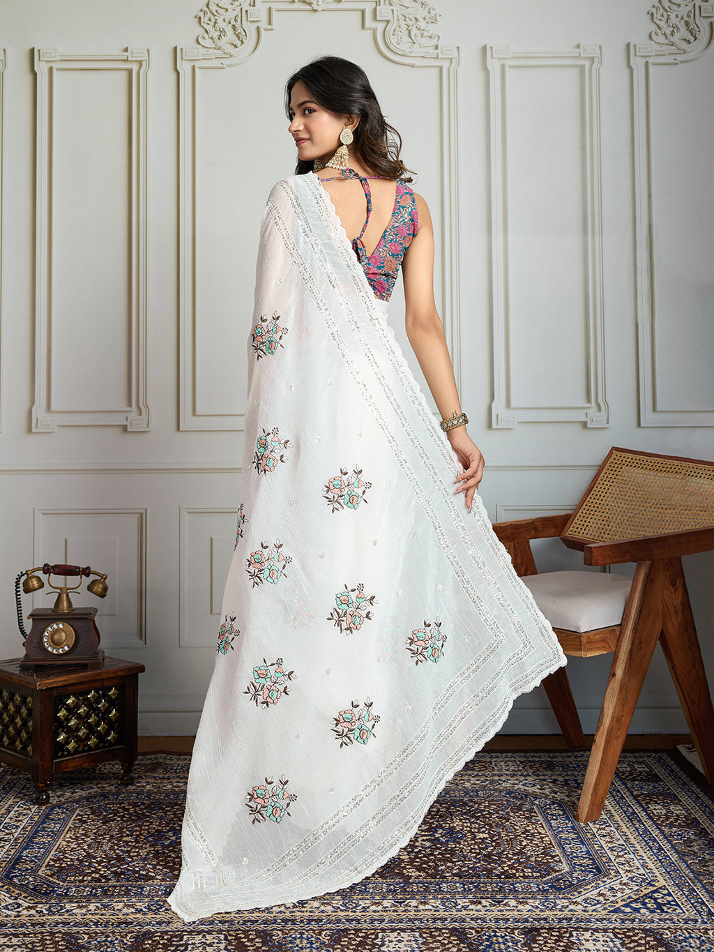 Jyoti Fashion Women's White Crush Organza Sequins Designer Saree with Blouse | Grocsy