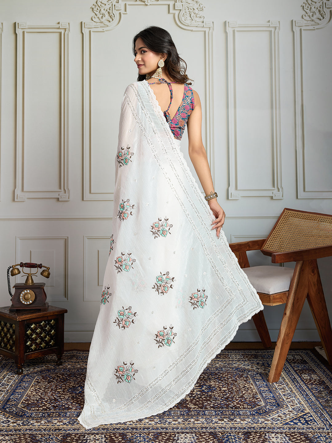 Jyoti Fashion Women's White Crush Organza Sequins Designer Saree with Blouse | Grocsy
