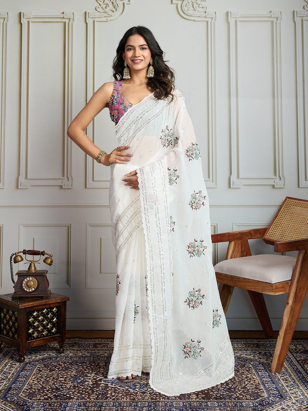 Jyoti Fashion Women's White Crush Organza Sequins Designer Saree with Blouse | Grocsy