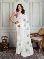 Jyoti Fashion Women's White Crush Organza Sequins Designer Saree with Blouse | Grocsy
