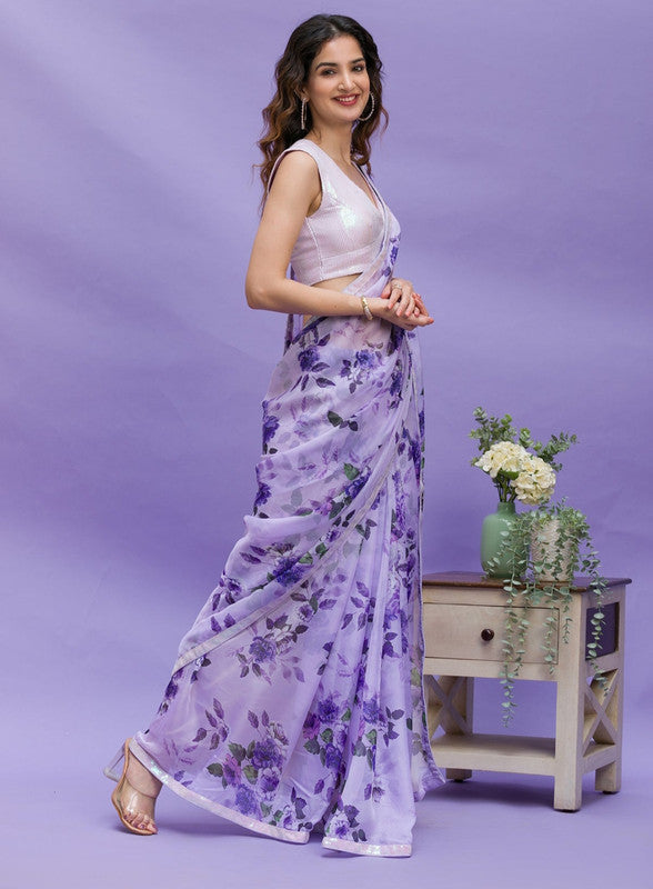 Jyoti Fashion Women's Purple Digital Print with Sequence Lace work Chinon Saree with Blouse | Grocsy