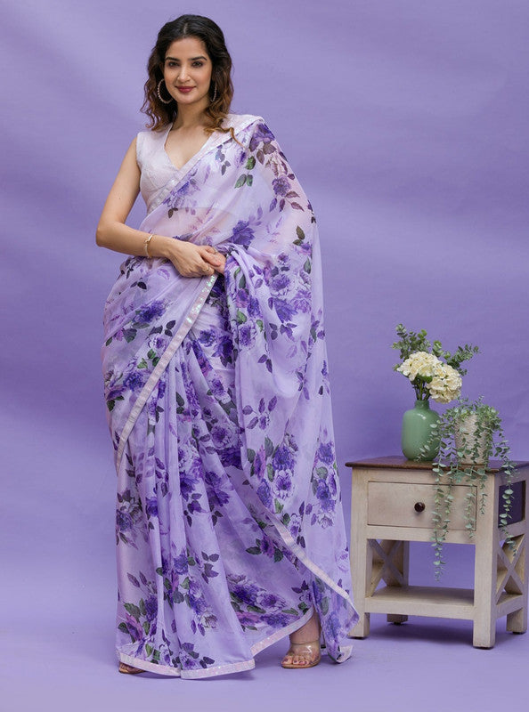 Jyoti Fashion Women's Purple Digital Print with Sequence Lace work Chinon Saree with Blouse | Grocsy