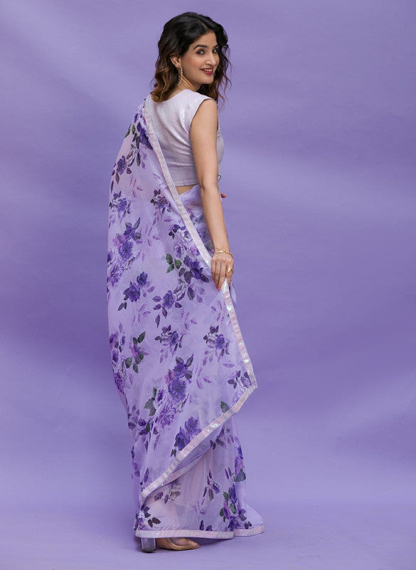 Jyoti Fashion Women's Purple Digital Print with Sequence Lace work Chinon Saree with Blouse | Grocsy