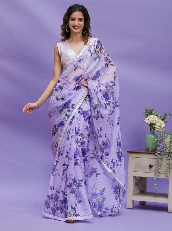 Jyoti Fashion Women's Purple Digital Print with Sequence Lace work Chinon Saree with Blouse | Grocsy