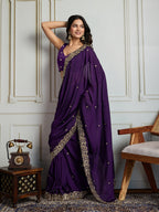 Jyoti Fashion Women's Purple Satin Silk Sequins Designer Saree with Blouse | Grocsy