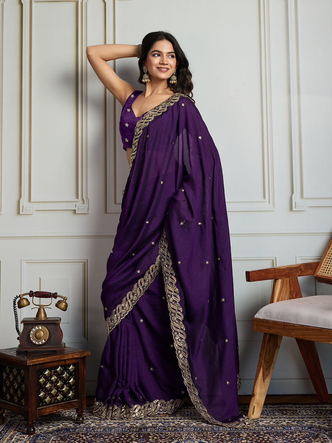 Jyoti Fashion Women's Purple Satin Silk Sequins Designer Saree with Blouse | Grocsy