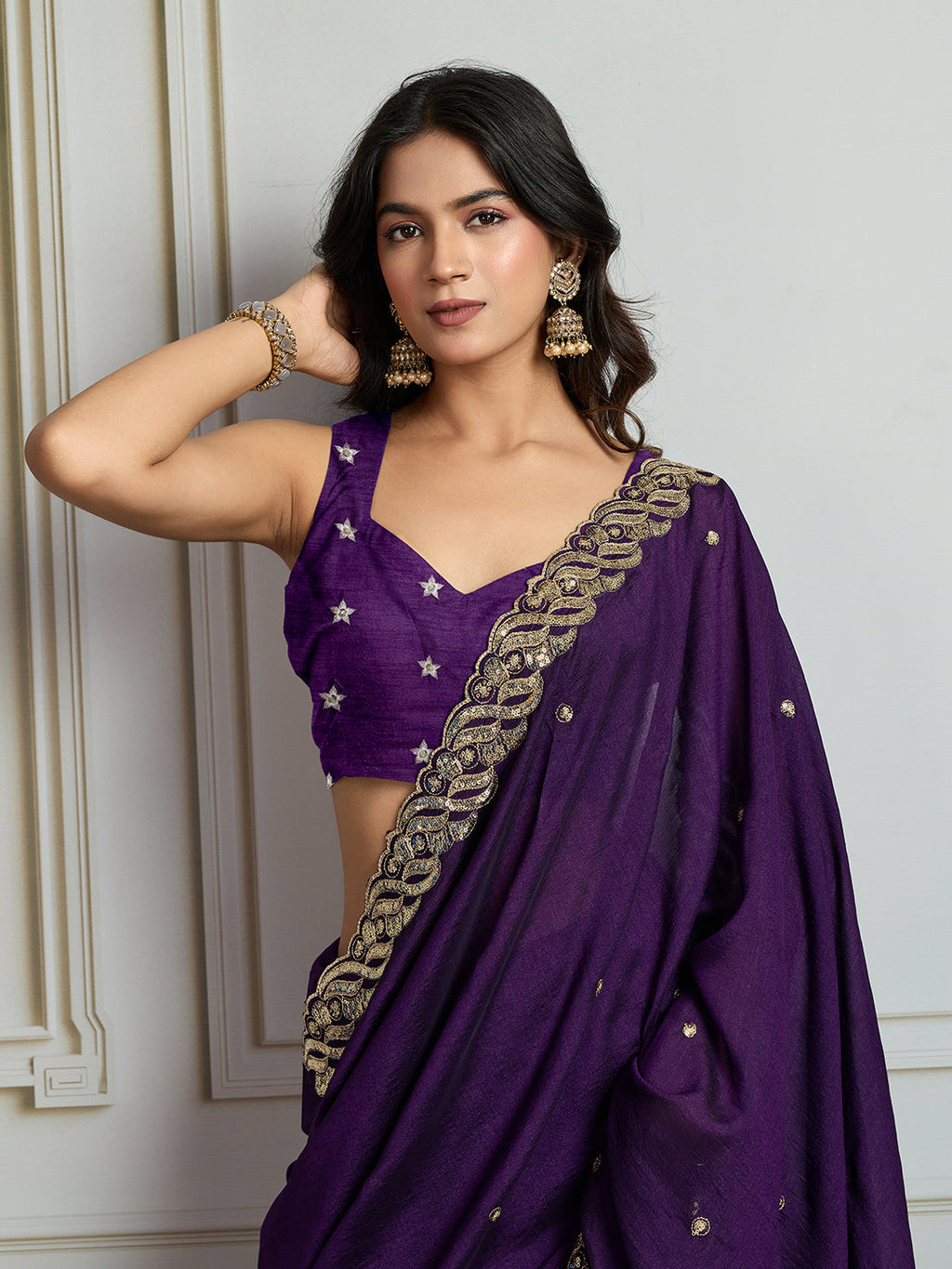 Jyoti Fashion Women's Purple Satin Silk Sequins Designer Saree with Blouse | Grocsy