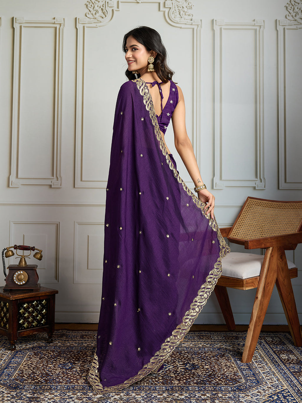 Jyoti Fashion Women's Purple Satin Silk Sequins Designer Saree with Blouse | Grocsy