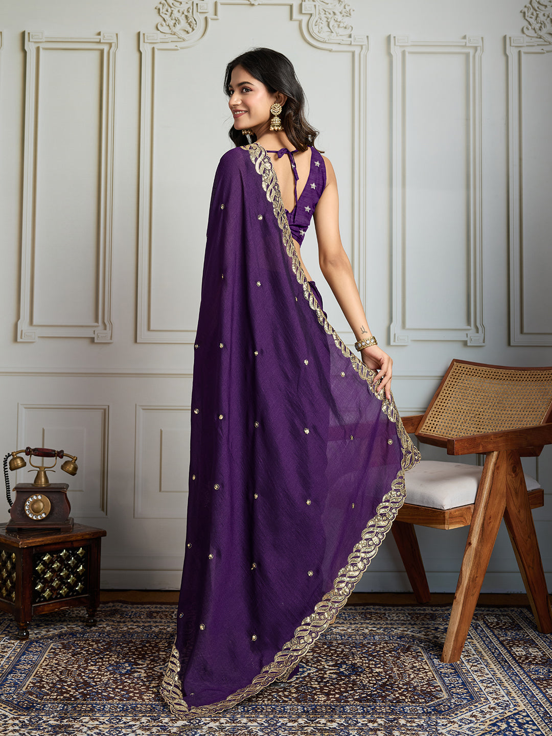Jyoti Fashion Women's Purple Satin Silk Sequins Designer Saree with Blouse | Grocsy