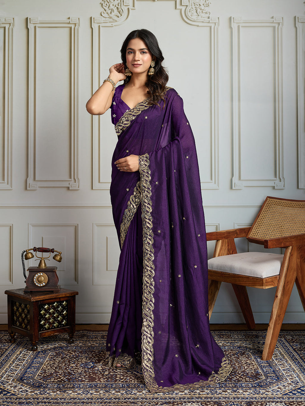 Jyoti Fashion Women's Purple Satin Silk Sequins Designer Saree with Blouse | Grocsy