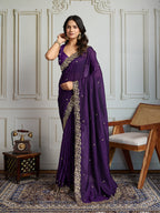 Jyoti Fashion Women's Purple Satin Silk Sequins Designer Saree with Blouse | Grocsy