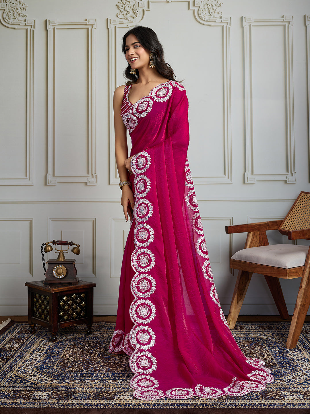 Jyoti Fashion Women's Pink Fandy Satin Embroidered Designer Saree with Blouse | Grocsy