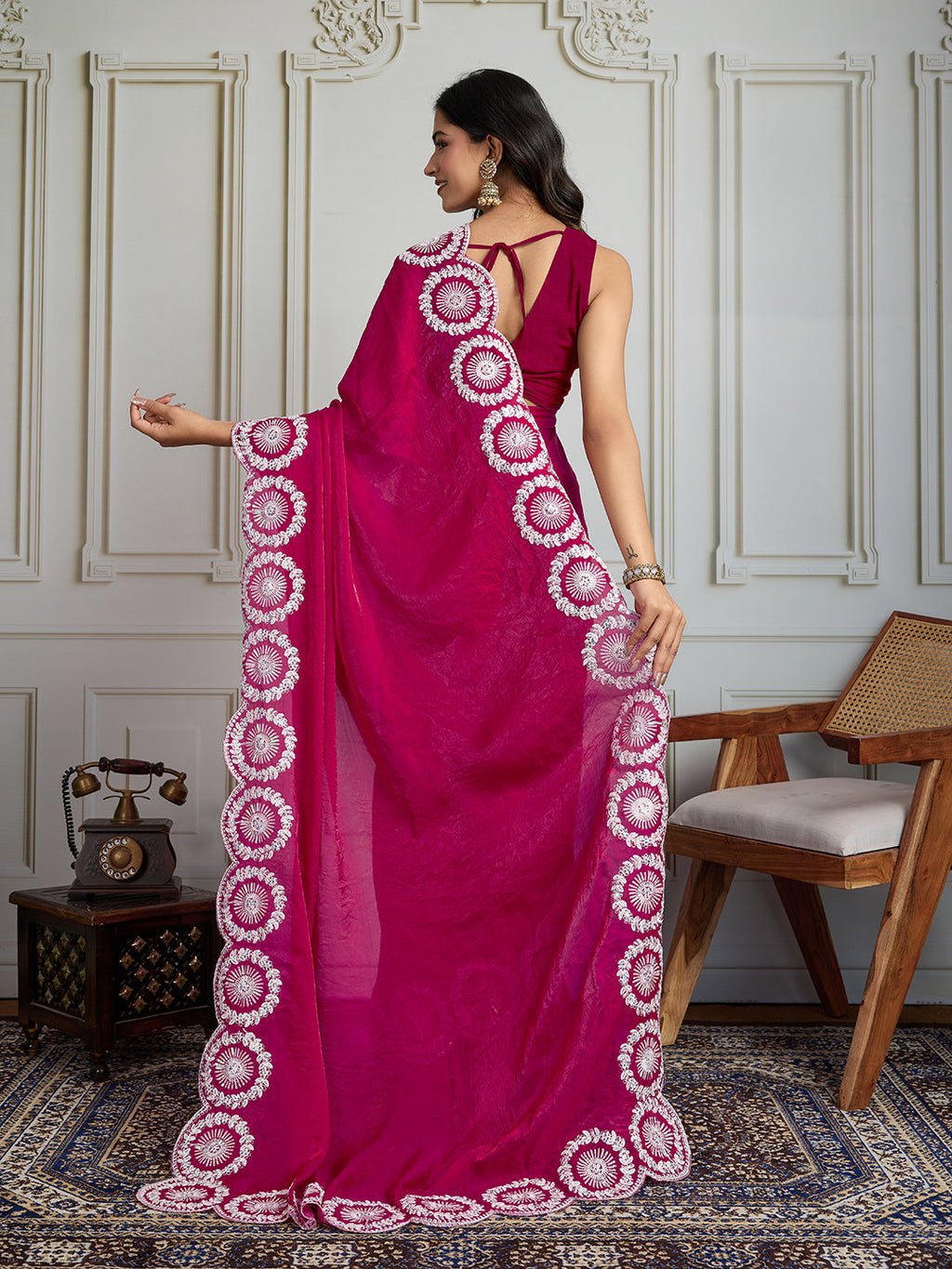 Jyoti Fashion Women's Pink Fandy Satin Embroidered Designer Saree with Blouse | Grocsy