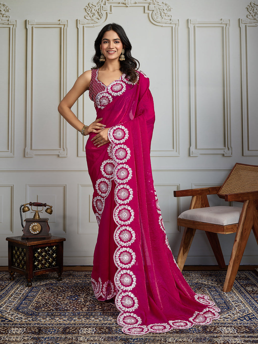 Jyoti Fashion Women's Pink Fandy Satin Embroidered Designer Saree with Blouse | Grocsy
