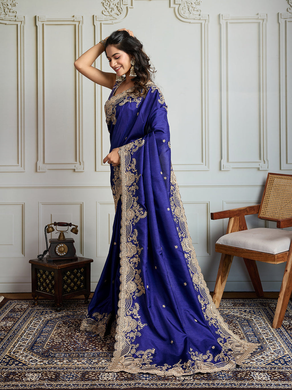 Jyoti Fashion Women's Blue Jimmy Choo Silk Embroidered Designer Saree with Blouse | Grocsy