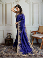 Jyoti Fashion Women's Blue Jimmy Choo Silk Embroidered Designer Saree with Blouse | Grocsy