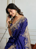 Jyoti Fashion Women's Blue Jimmy Choo Silk Embroidered Designer Saree with Blouse | Grocsy