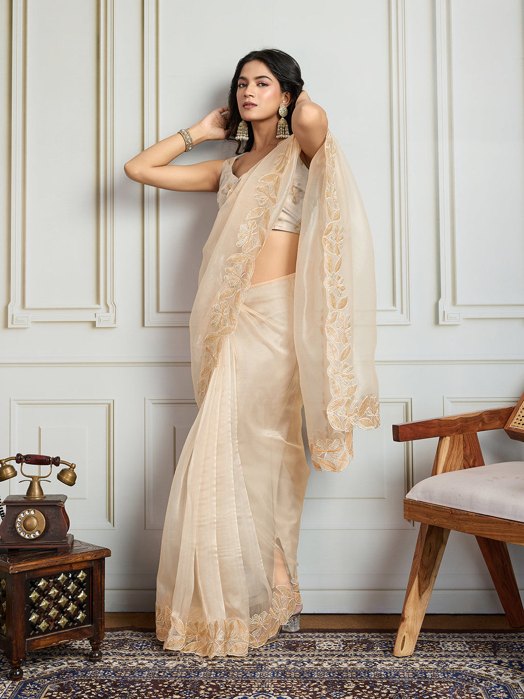 Jyoti Fashion Women's Cream Organza Embroidered Designer Saree with Blouse | Grocsy