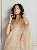 Jyoti Fashion Women's Cream Organza Embroidered Designer Saree with Blouse | Grocsy