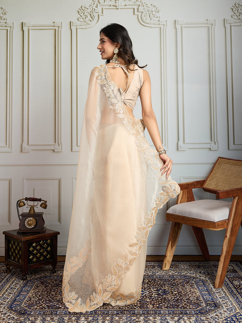 Jyoti Fashion Women's Cream Organza Embroidered Designer Saree with Blouse | Grocsy