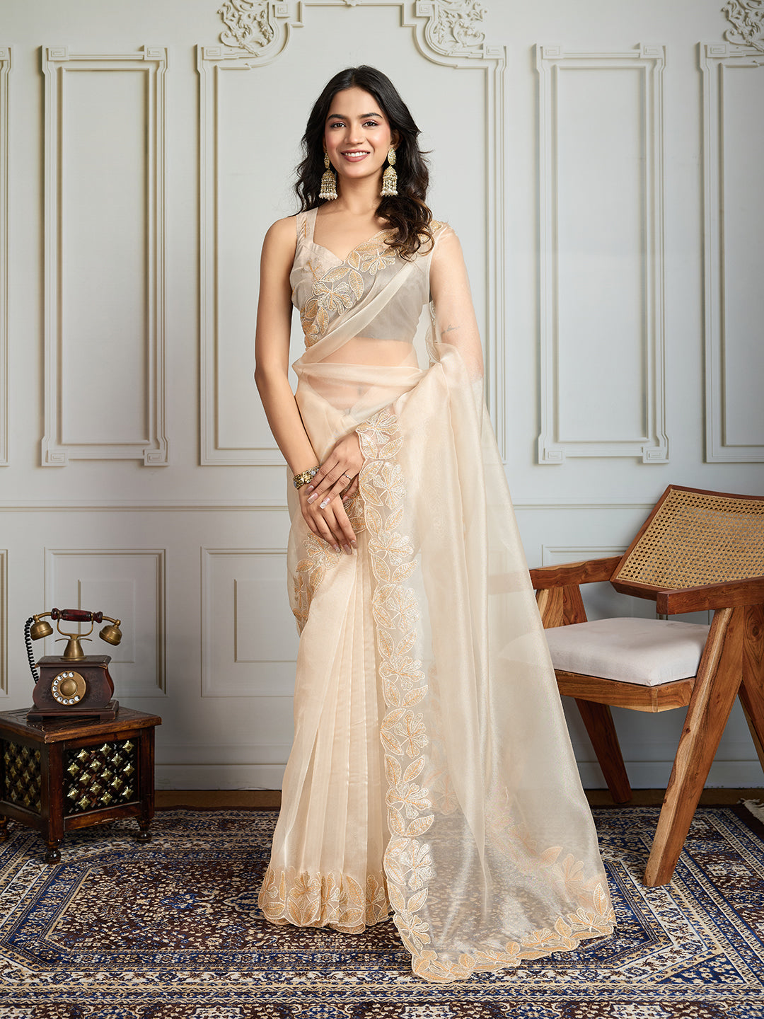 Jyoti Fashion Women's Cream Organza Embroidered Designer Saree with Blouse | Grocsy