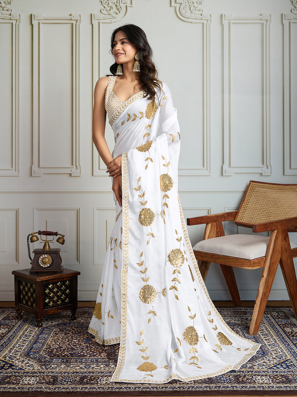 Jyoti Fashion Women's White Georgette Embroidered Designer Saree with Blouse | Grocsy