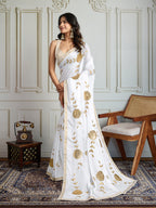 Jyoti Fashion Women's White Georgette Embroidered Designer Saree with Blouse | Grocsy
