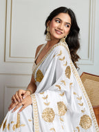 Jyoti Fashion Women's White Georgette Embroidered Designer Saree with Blouse | Grocsy