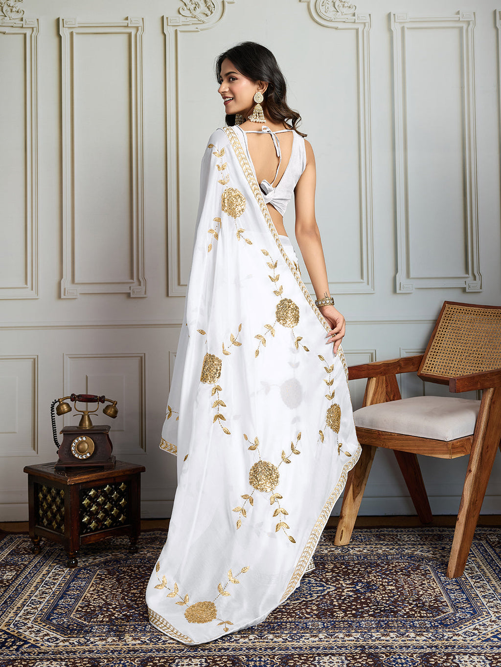 Jyoti Fashion Women's White Georgette Embroidered Designer Saree with Blouse | Grocsy