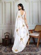 Jyoti Fashion Women's White Georgette Embroidered Designer Saree with Blouse | Grocsy