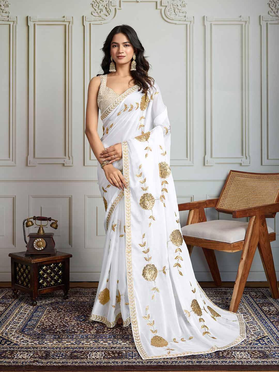Jyoti Fashion Women's White Georgette Embroidered Designer Saree with Blouse | Grocsy
