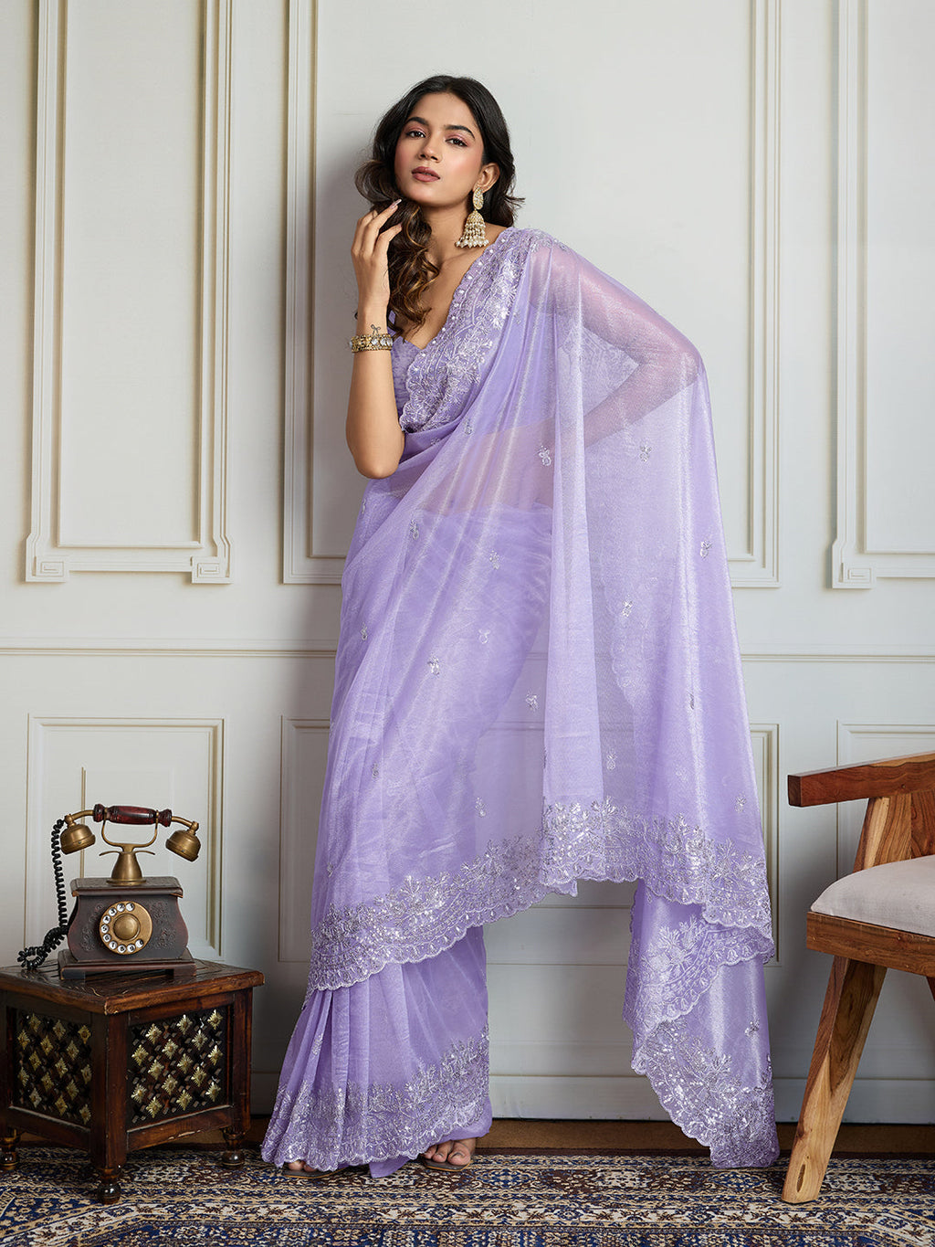 Jyoti Fashion Women's Lavender Art Silk Embroidered Designer Saree with Blouse | Grocsy