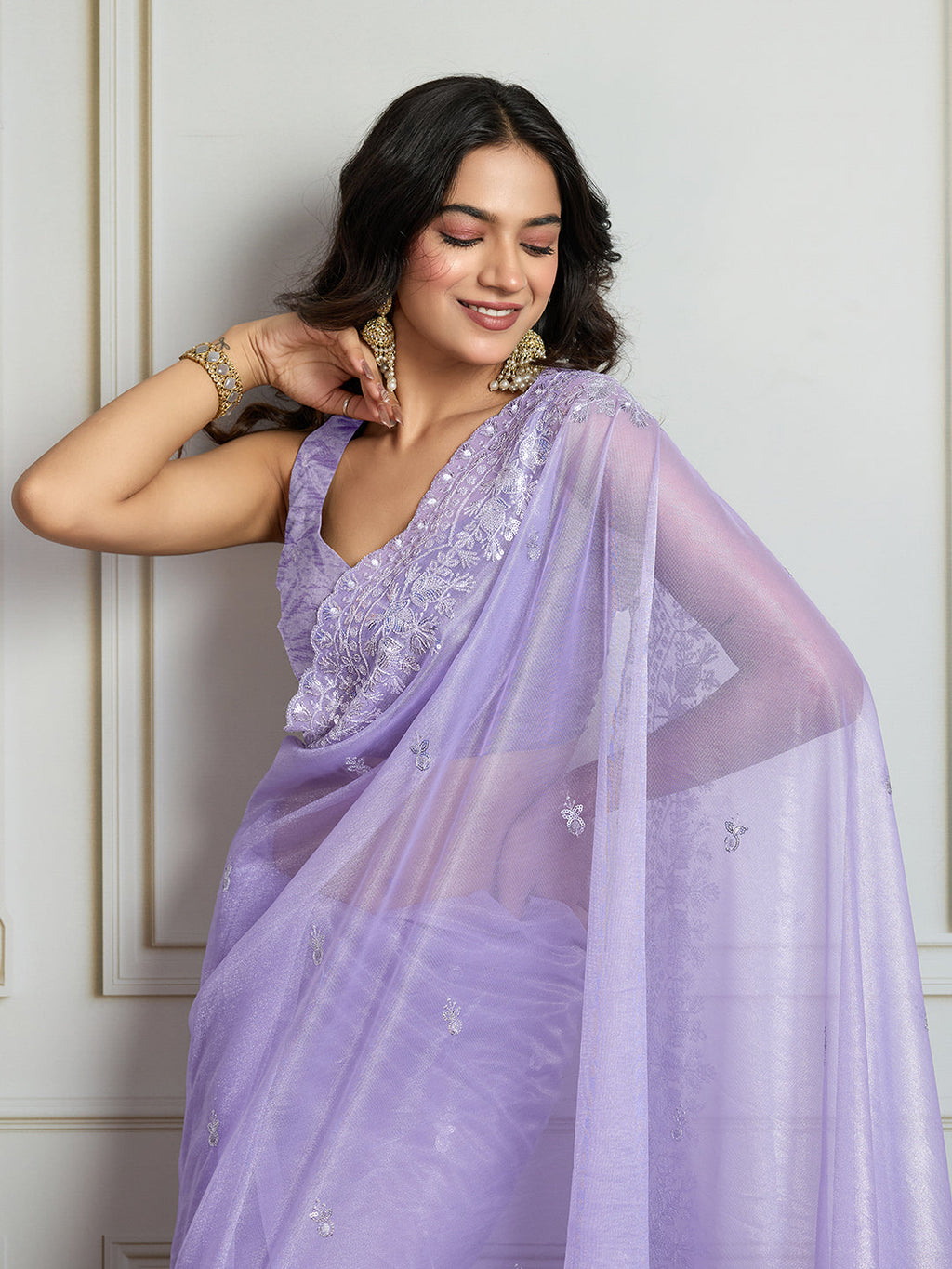 Jyoti Fashion Women's Lavender Art Silk Embroidered Designer Saree with Blouse | Grocsy