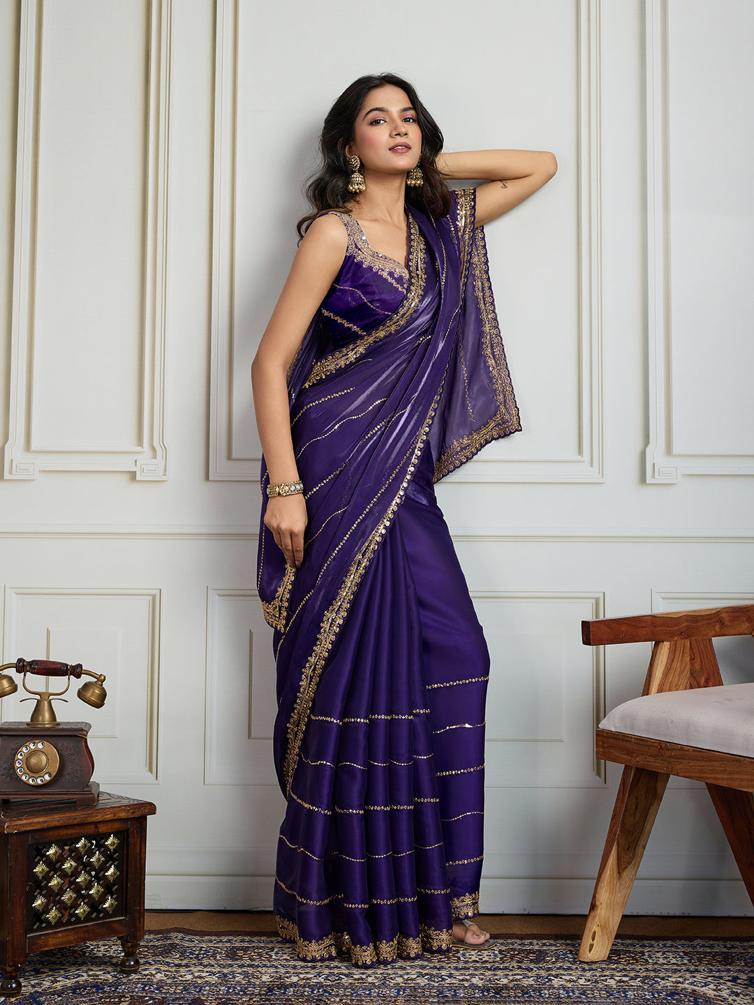 Jyoti Fashion Women's Purple Jimmy Choo Sequins Designer Saree with Blouse | Grocsy
