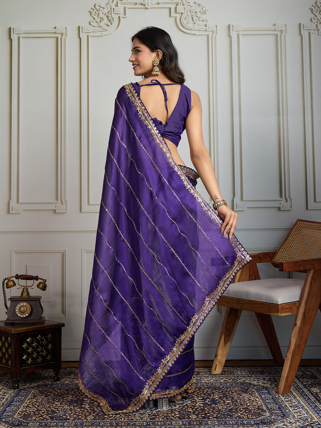 Jyoti Fashion Women's Purple Jimmy Choo Sequins Designer Saree with Blouse | Grocsy