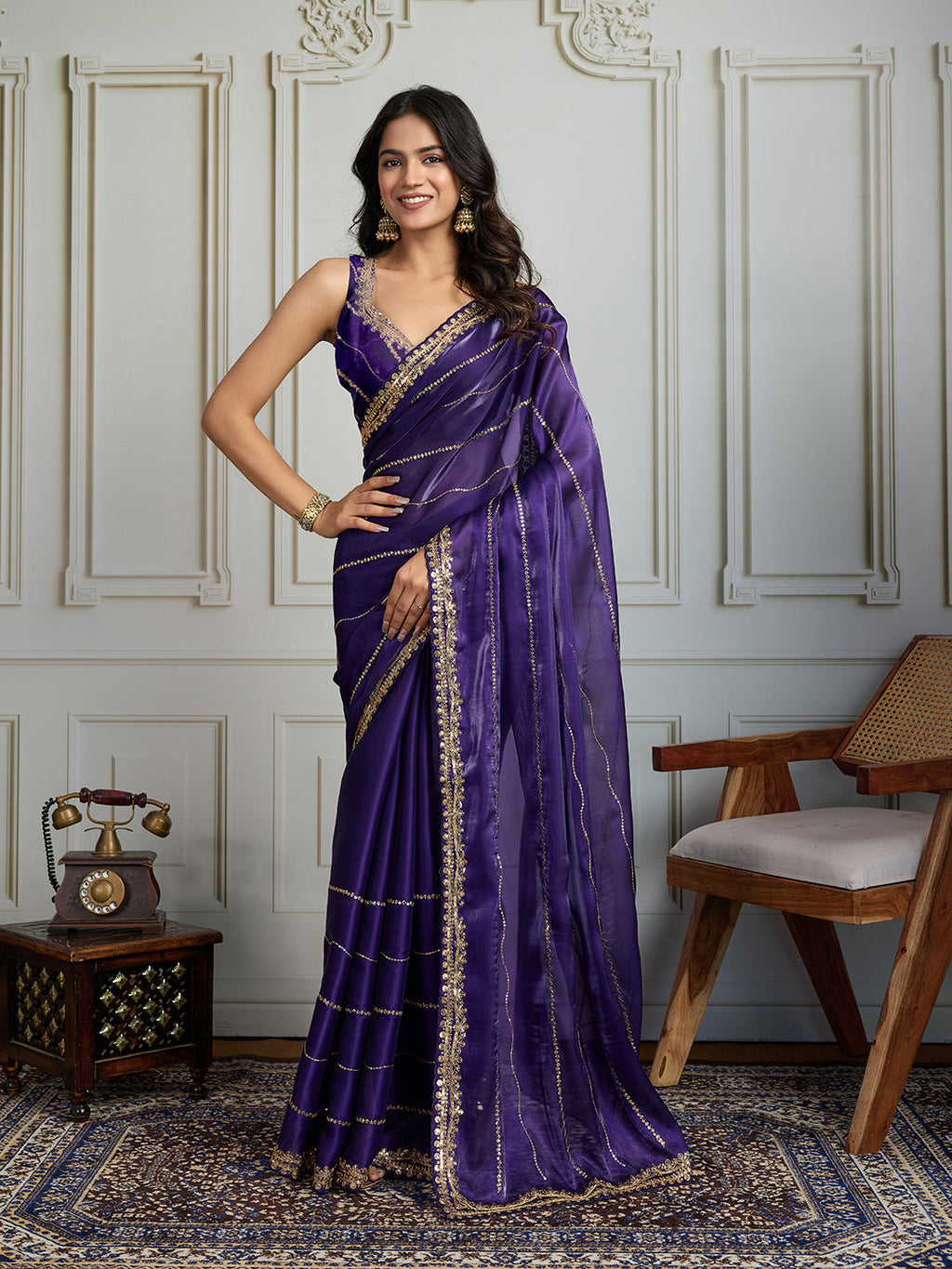 Jyoti Fashion Women's Purple Jimmy Choo Sequins Designer Saree with Blouse | Grocsy