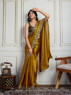 Jyoti Fashion Women's Mustard Satin Silk Embroidered Designer Saree with Blouse | Grocsy