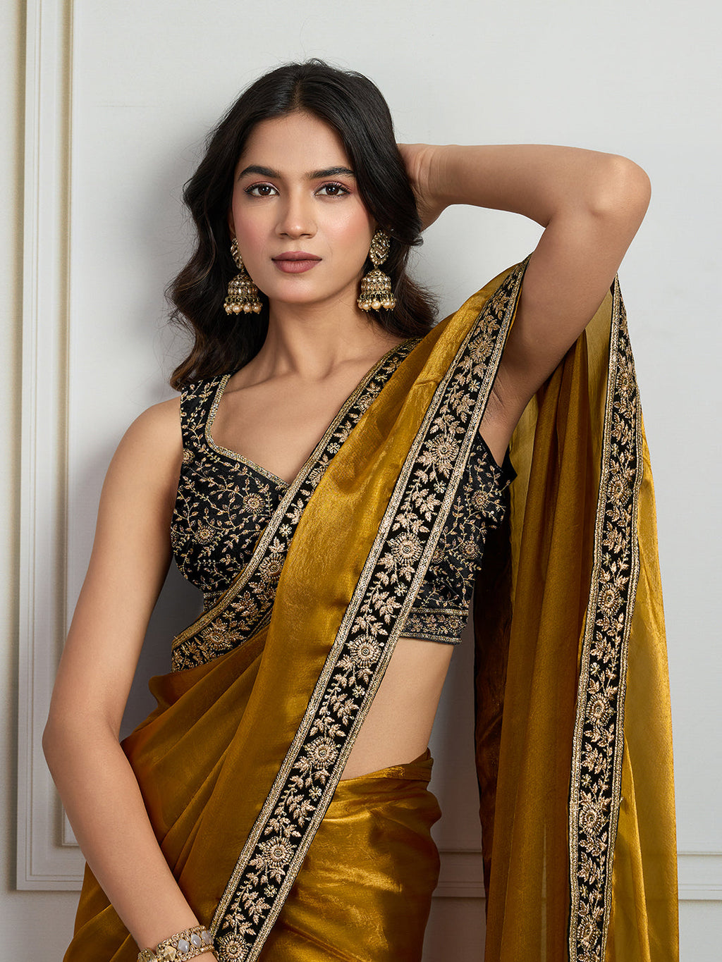 Jyoti Fashion Women's Mustard Satin Silk Embroidered Designer Saree with Blouse | Grocsy