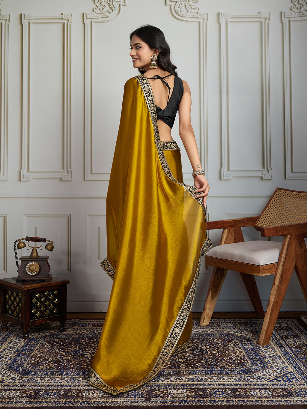 Jyoti Fashion Women's Mustard Satin Silk Embroidered Designer Saree with Blouse | Grocsy