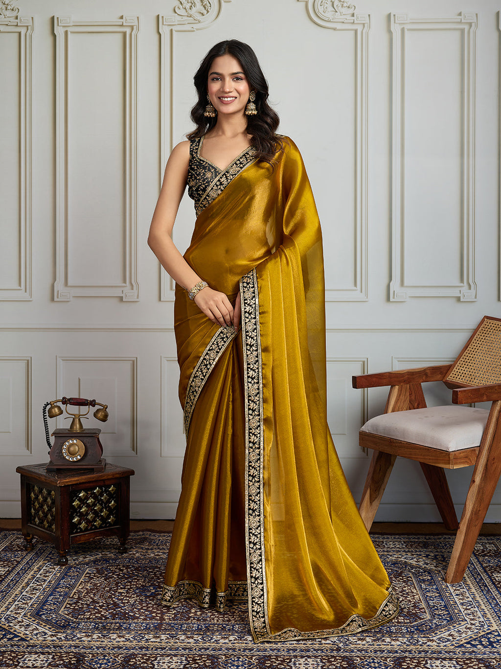 Jyoti Fashion Women's Mustard Satin Silk Embroidered Designer Saree with Blouse | Grocsy