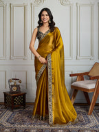 Jyoti Fashion Women's Mustard Satin Silk Embroidered Designer Saree with Blouse | Grocsy
