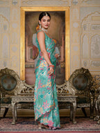 Jyoti Fashion Women's Sea Green Chinon Digital Print with Mirror Saree with Blouse | Grocsy