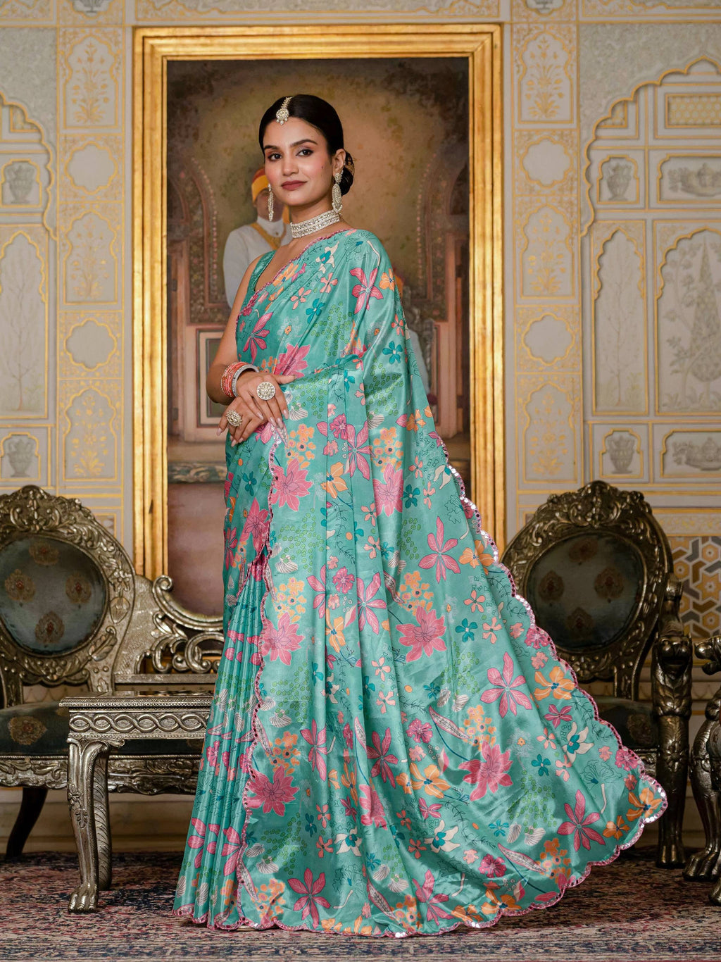 Jyoti Fashion Women's Sea Green Chinon Digital Print with Mirror Saree with Blouse | Grocsy