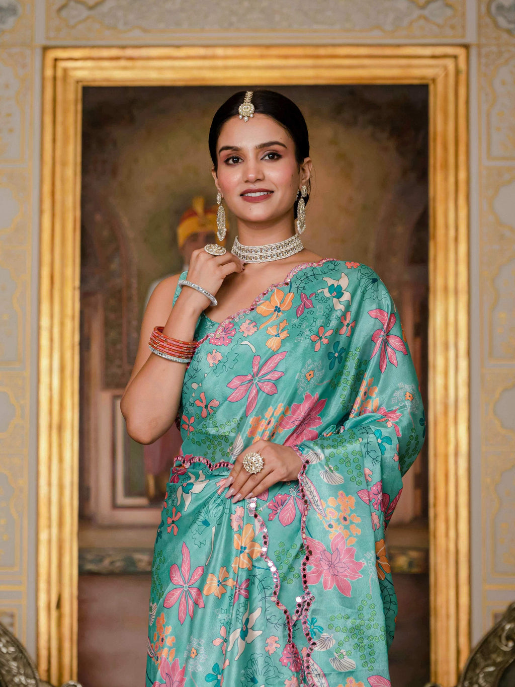 Jyoti Fashion Women's Sea Green Chinon Digital Print with Mirror Saree with Blouse | Grocsy