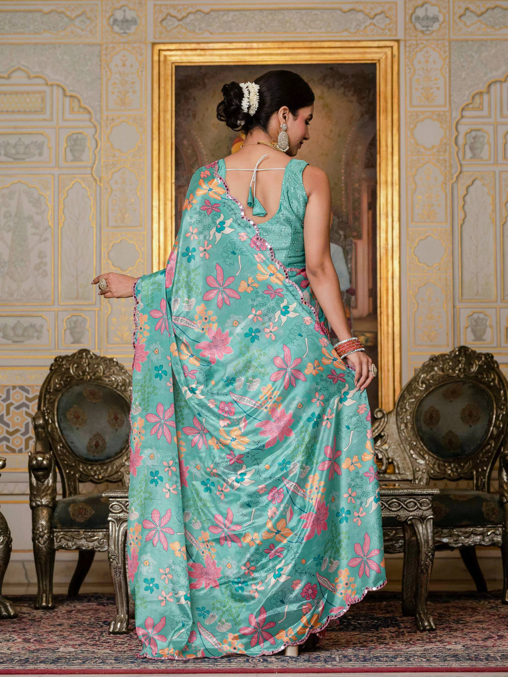 Jyoti Fashion Women's Sea Green Chinon Digital Print with Mirror Saree with Blouse | Grocsy