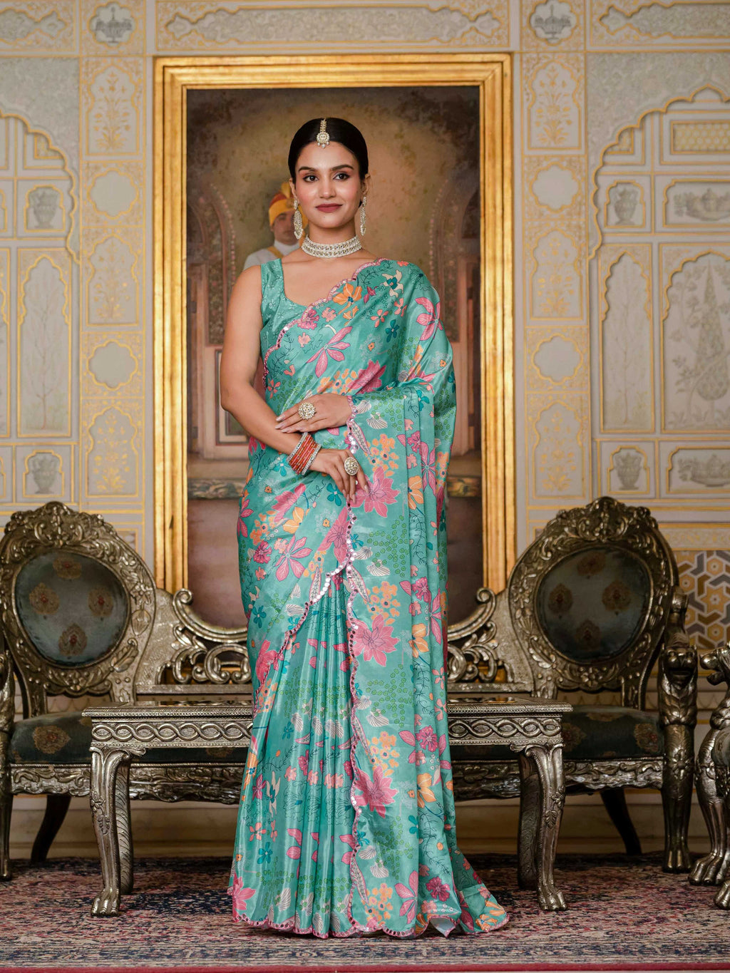 Jyoti Fashion Women's Sea Green Chinon Digital Print with Mirror Saree with Blouse | Grocsy