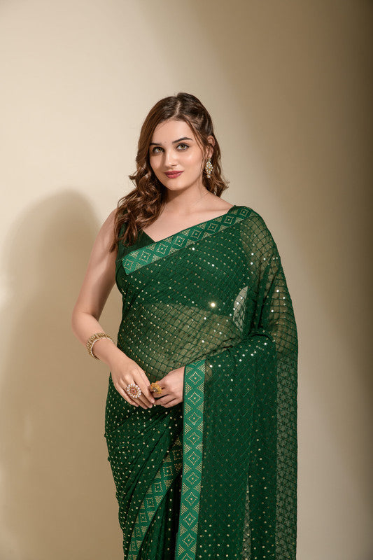 Jyoti Fashion Women's Green Sequence Embroidery Georgette Saree with Blouse | Grocsy